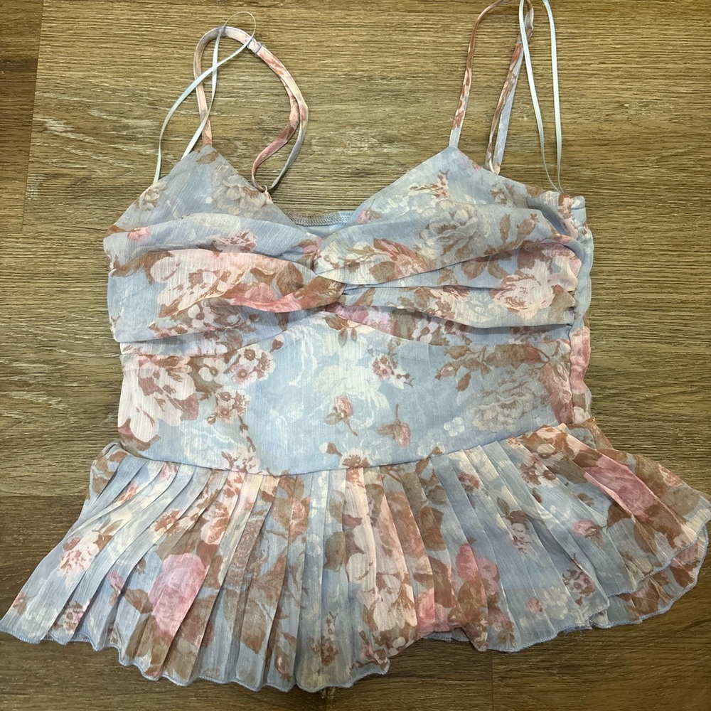 Francesca’s Floral Chiffon Pleated Babydoll Cami XS Blue Pink